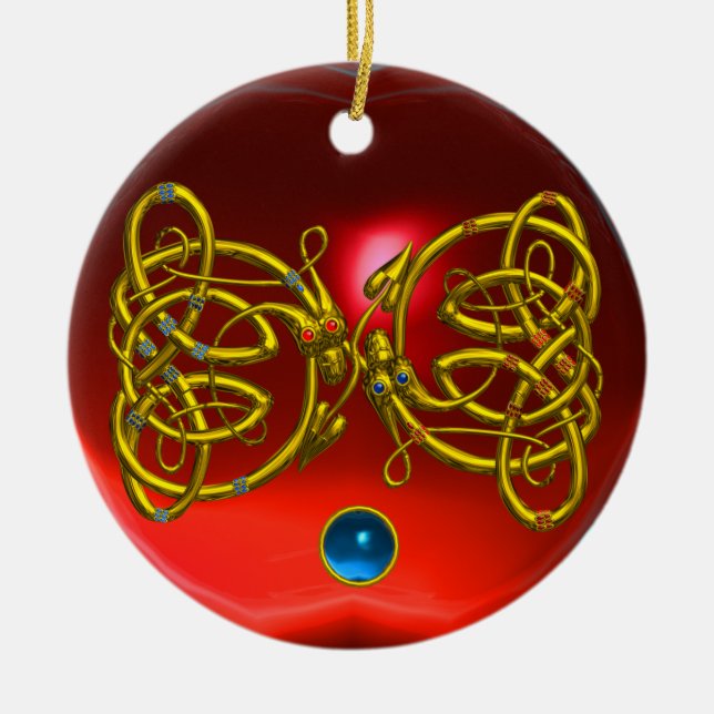 DRAGON LOVE HEART Red Ruby and Blue Sapphire Ceramic Ornament (Front)