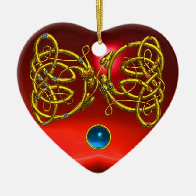 DRAGON LOVE HEART Red Ruby and Blue Sapphire Ceramic Ornament (Front)