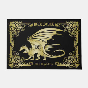 Dragon Monogram Gold Frame Traditional Book Cover Doormat