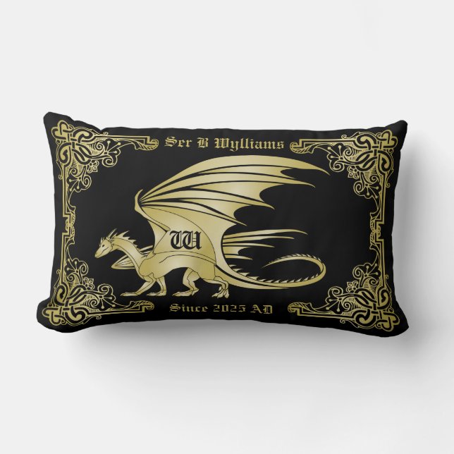 Dragon Monogram Gold Frame Traditional Book Cover Lumbar Cushion (Front)
