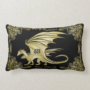 Dragon Monogram Gold Frame Traditional Book Cover Lumbar Cushion