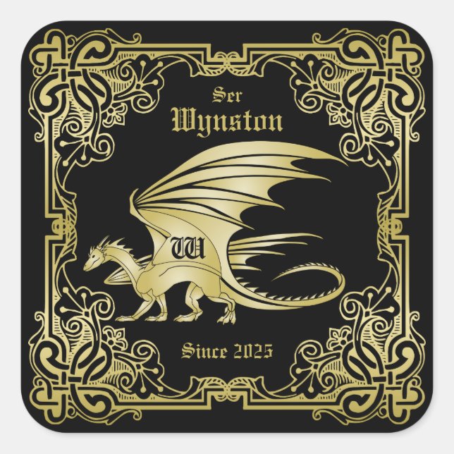Dragon Monogram Gold Frame Traditional Book Cover Square Sticker (Front)