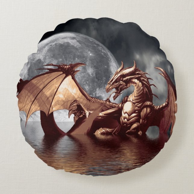 Dragon & Moon Fantasy Mythical Round Cushion (Front)