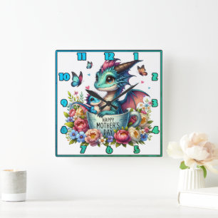 Dragon Mum: Pup, Flowers, Mother's Day Square Wall Clock