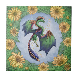 "Dragon of Summer" Flowers and Leaves Fantasy Art Ceramic Tile