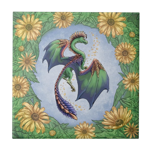 "Dragon of Summer" Flowers and Leaves Fantasy Art Ceramic Tile (Front)