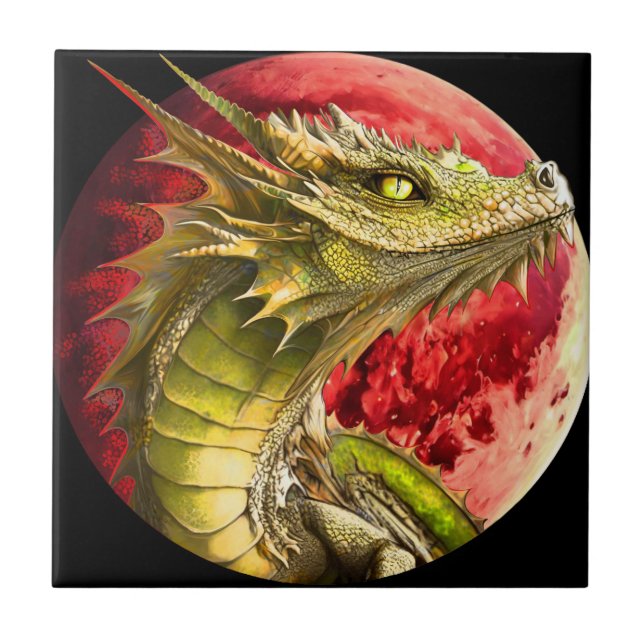 Dragon on Bloody Moon Ceramic Tile (Front)