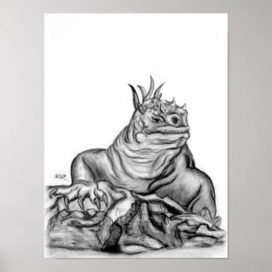 Dragon on the rock in black and white design poster