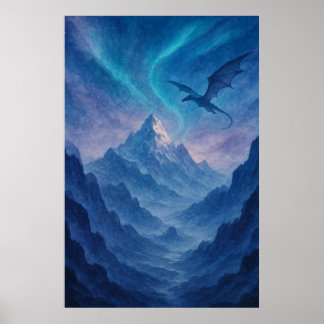 Dragon Over Frozen Mountains – Epic Blue Fantasy Poster