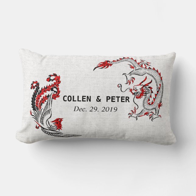 Dragon-Phoenix Chinese Wedding Gift Personalised Lumbar Cushion (Front)
