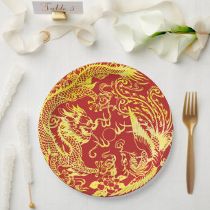 Dragon phoenix Chinese wedding logo Paper Plate