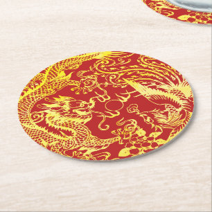 Dragon phoenix Chinese wedding logo Round Paper Coaster