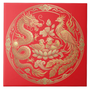 Dragon, Phoenix & Ducks In Gold On Black Ceramic Tile
