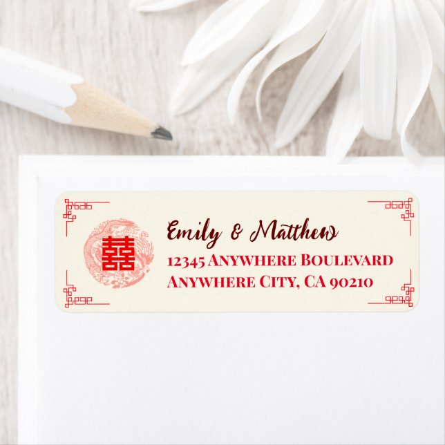 Dragon Phoenix red chinese wedding return address Label (Insitu)