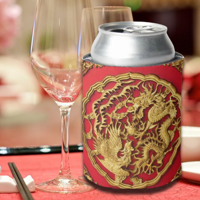 Dragon Phoenix Red Gold Chinese Wedding Favour Can Cooler (Dragon Phoenix Red Gold Chinese Wedding Favor Can Cooler)