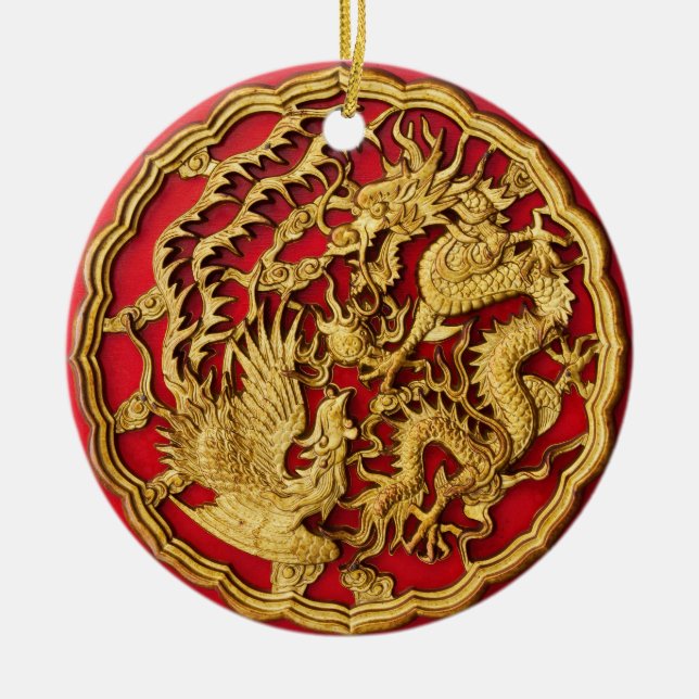 Dragon Phoenix Red Gold Chinese Wedding Favour Ceramic Ornament (Front)