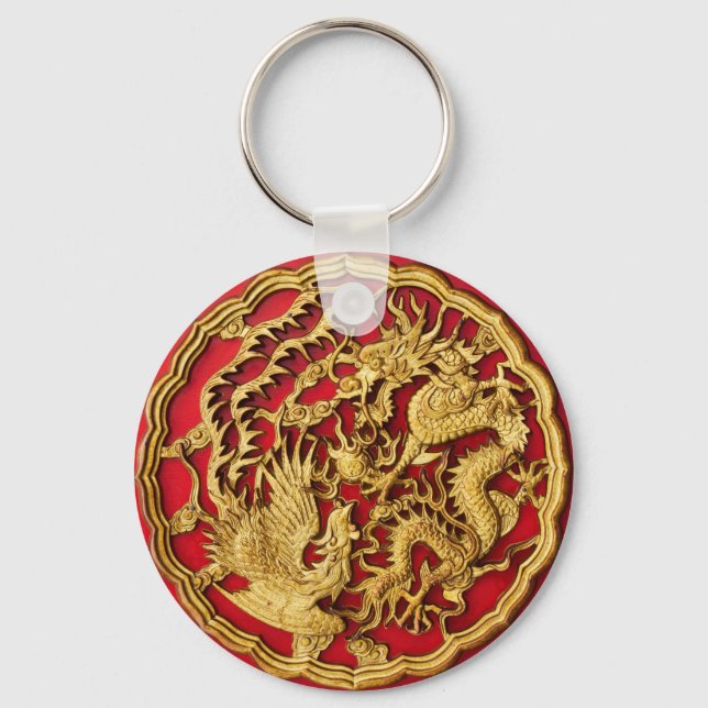 Dragon Phoenix Red Gold Chinese Wedding Favour Key Ring (Front)