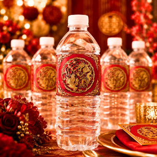 Dragon Phoenix Red Gold Chinese Wedding Water Bottle Label