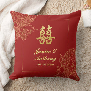 Dragon Phoenix Traditional Red Chinese Wedding Cushion