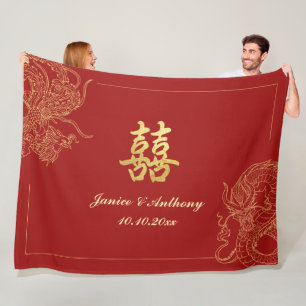 Dragon Phoenix Traditional Red Chinese Wedding Fleece Blanket