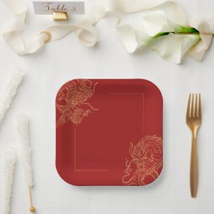 Dragon Phoenix Traditional Red Chinese Wedding  Paper Plate