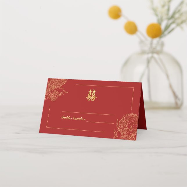 Dragon Phoenix Traditional Red Chinese Wedding  Place Card (Front)