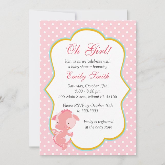 Dragon Pink Polka Dots Baby Girl Shower Invite (Front)