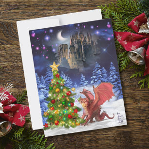 Dragon Pulling on Christmas Tree Holiday Card