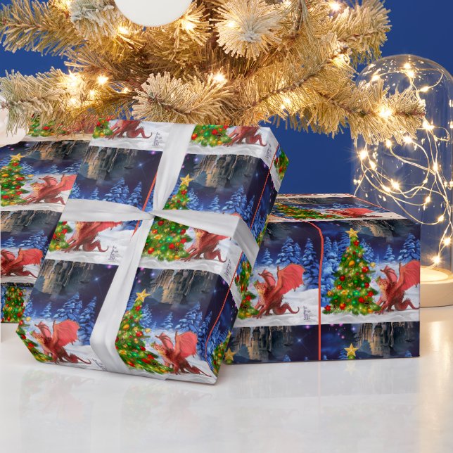 Dragon Pulling on Christmas Tree Wrapping Paper (Holidays)