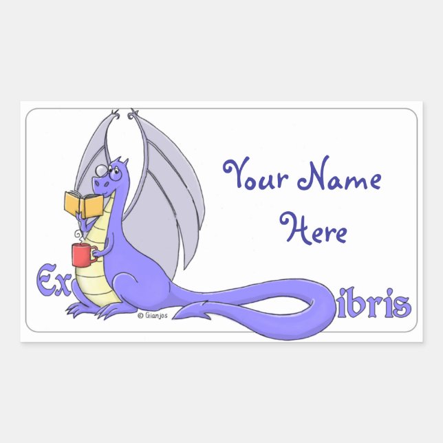 Dragon Reading a Book ex libris / bookplate Rectangular Sticker (Front)