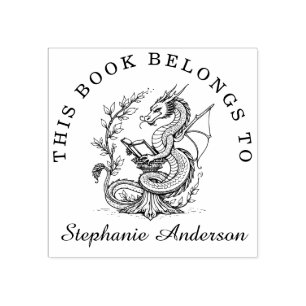 Dragon Reading a Book Library Bookplate Stamp