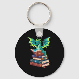 Dragon Reading Books Fantasy Lovers Mythical Creat Key Ring