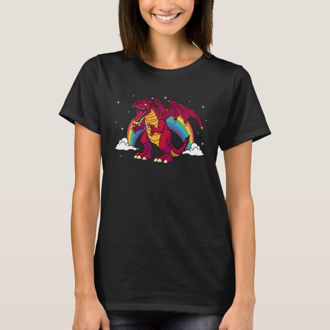 Dragon Red Fantasy Rainbow Clouds School Dragons T-Shirt (Front)