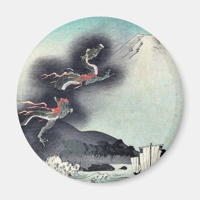 Dragon rising over Mount Fuji Ukiyoe Magnet (Front)