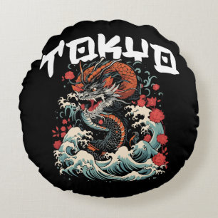 Dragon s Dance Japanese Retro Seascape Round Cushion