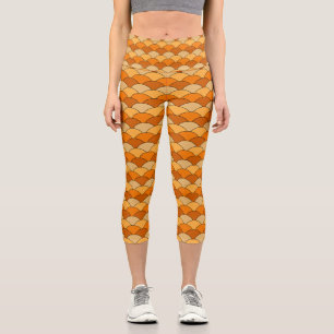 Dragon Scales, Fans, Waves, Seigaiha, Orange Capri Leggings