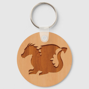 Dragon silhouette engraved on wood effect key ring