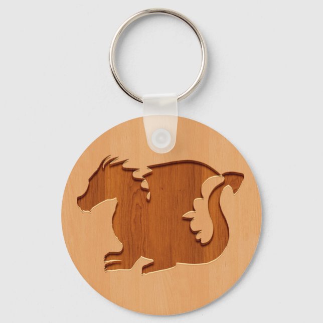 Dragon silhouette engraved on wood effect key ring (Front)