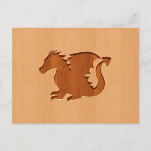 Dragon silhouette engraved on wood effect postcard