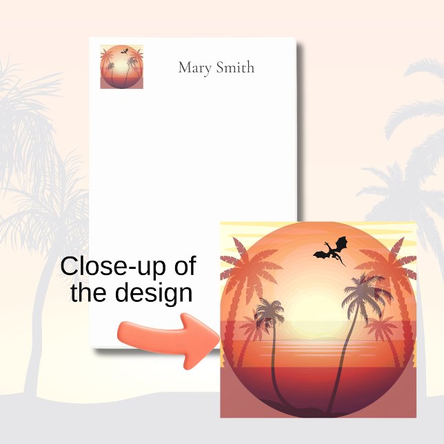 Dragon silhouette flying over tropical island post-it notes (Close up of Tropical Island Sunset design)