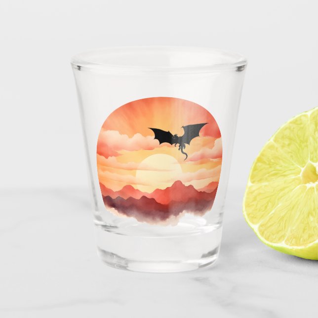 Dragon Silhouetted Against a Sunset Shot Glass (Front)