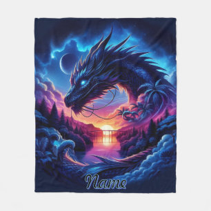 Dragon Silhouetted Against a Vibrant Sunset   Fleece Blanket
