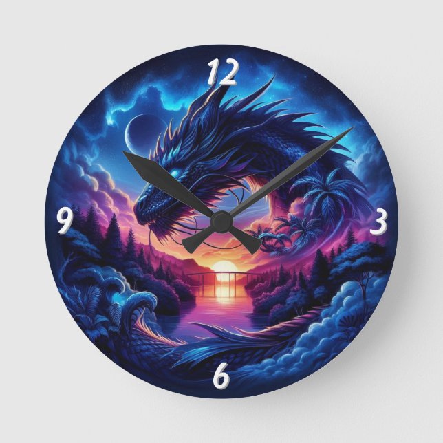 Dragon Silhouetted Against a Vibrant Sunset   Round Clock (Front)