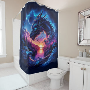 Dragon Silhouetted Against a Vibrant Sunset  Shower Curtain