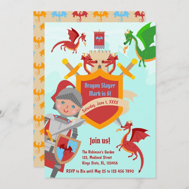 Dragon Slayer Knight Boy Birthday Party Invitation (Front/Back)