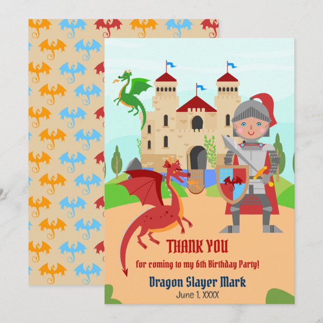 Dragon Slayer Knight Boy Birthday Party Thank You Card (Front/Back)