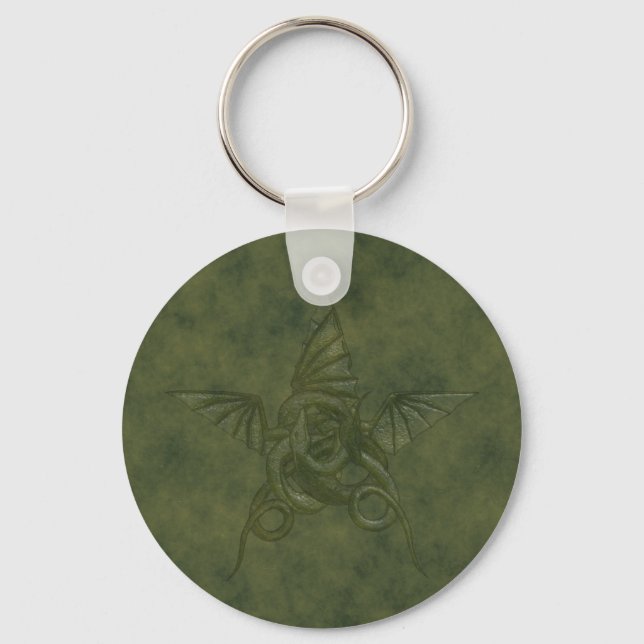Dragon Star - Embossed Green Leather Image Key Ring (Front)