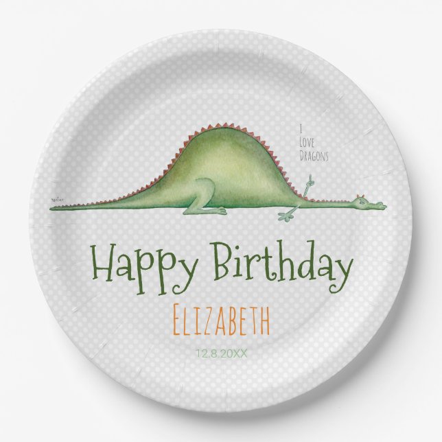 Dragon stretched out on the floor paper plate (Front)