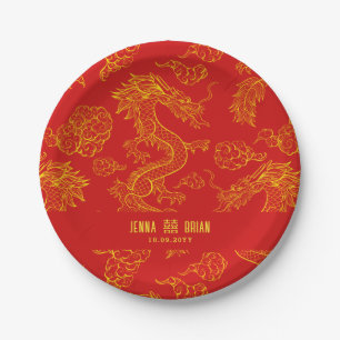 Dragon Style Double Happiness Symbol Red+Gol Style Paper Plate