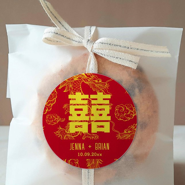 Dragon Style Double Happiness Symbol Red+Gold Classic Round Sticker (Creator Uploaded)